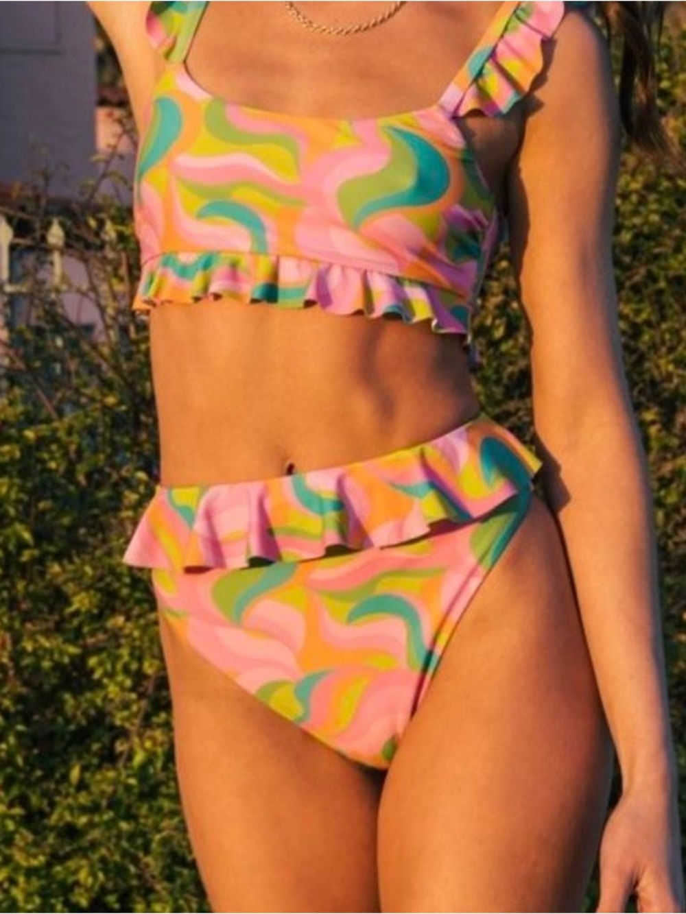 Show Me Your Mumu x Barbie “party wave” Seaside Ruffle Swim Bikini set medium
